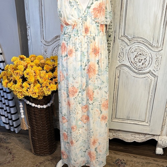 Feminine Floral Maxi Dress with Orange and Blue Accents - Picture 4 of 9